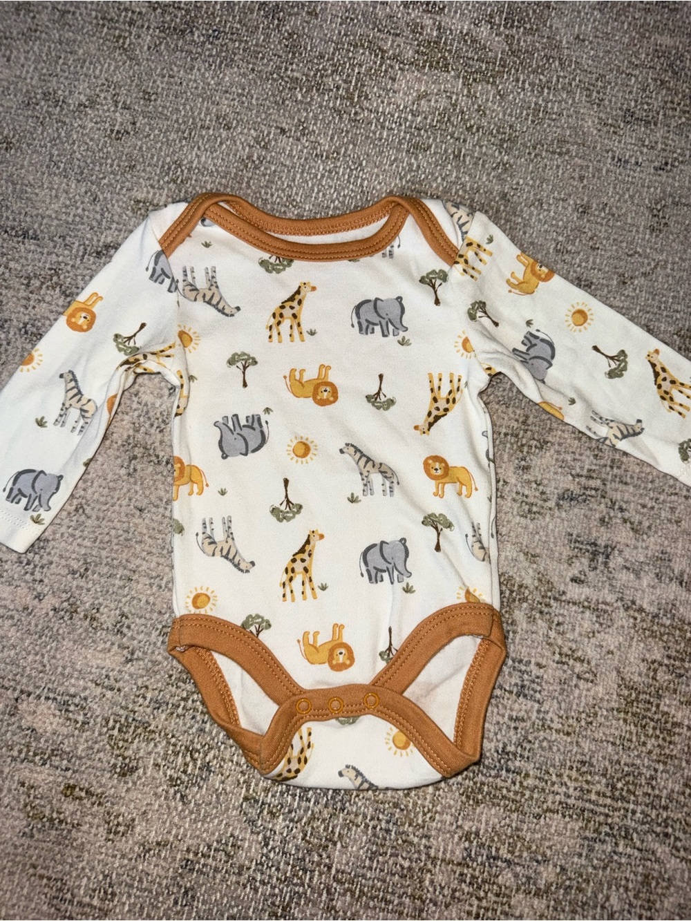 chick pea Cream Safari Animal Long-Sleeve Bodysuit with Tan Trim